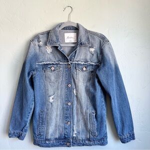 KanCan Women’s Blue‎ Distressed Denim Jean Jacket Oversized Fit Size XS EUC